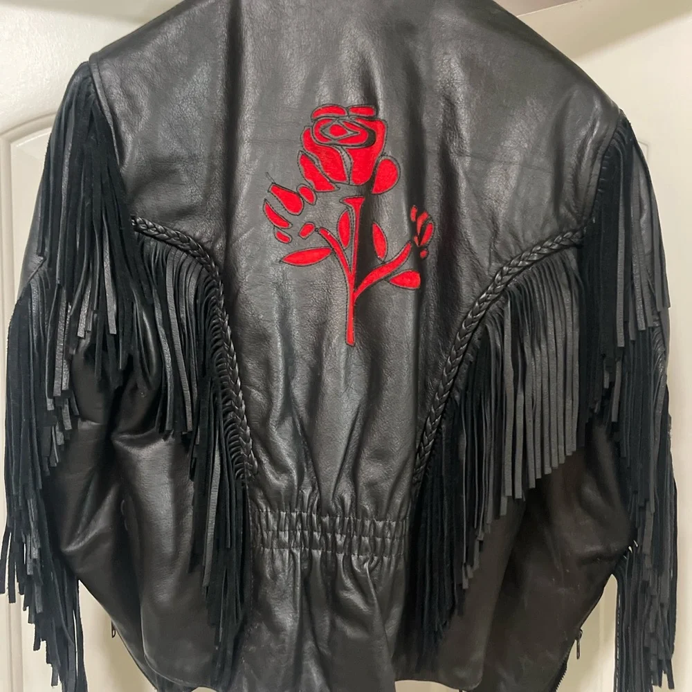 Fringed Black Leather Jacket with Red Floral Appliqué - Picture 3 of 5